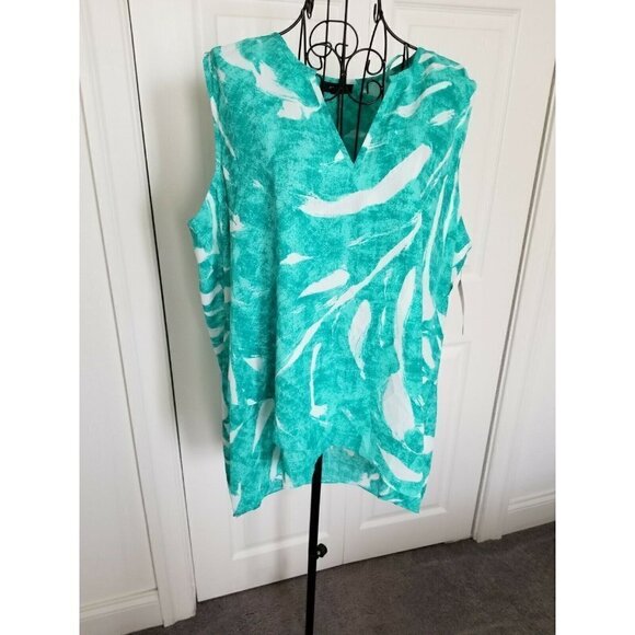Alfani Crossover Hi-Lo Hem Pop Art V-Neck Sleeveless Top Teal Fade Palms XL - Picture 1 of 6